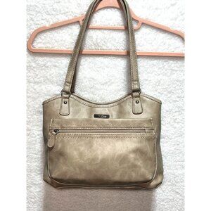 MultiSac Tan Faux Leather Shoulder Bag w Multiple Zipper Compartments 12”